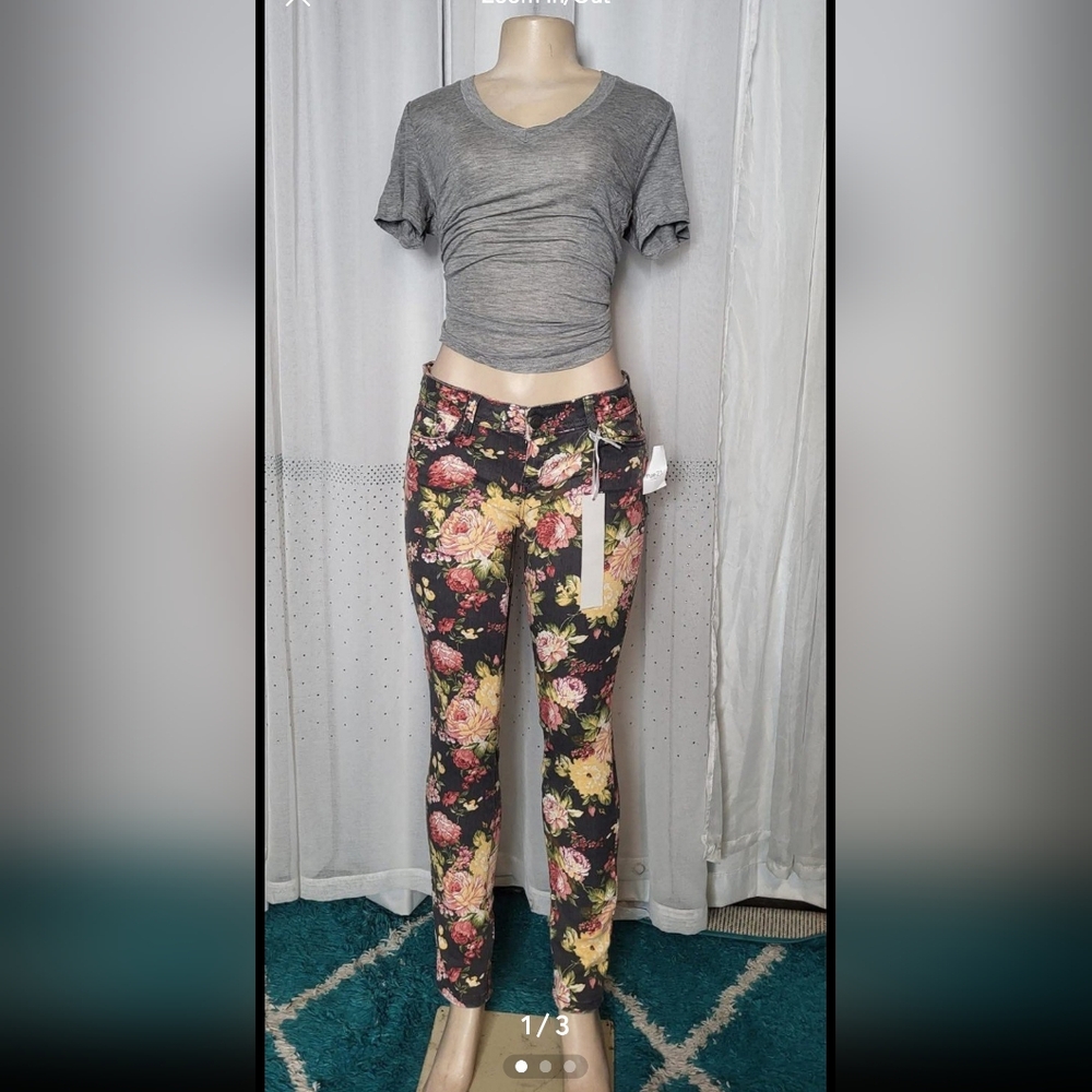 Almost Famous Floral Skinny Jeans - Black and Yellow